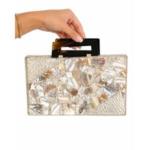 Vintage Mother of Pearl Mosaic Bag Lucite Handle Evening Purse Shell Glam